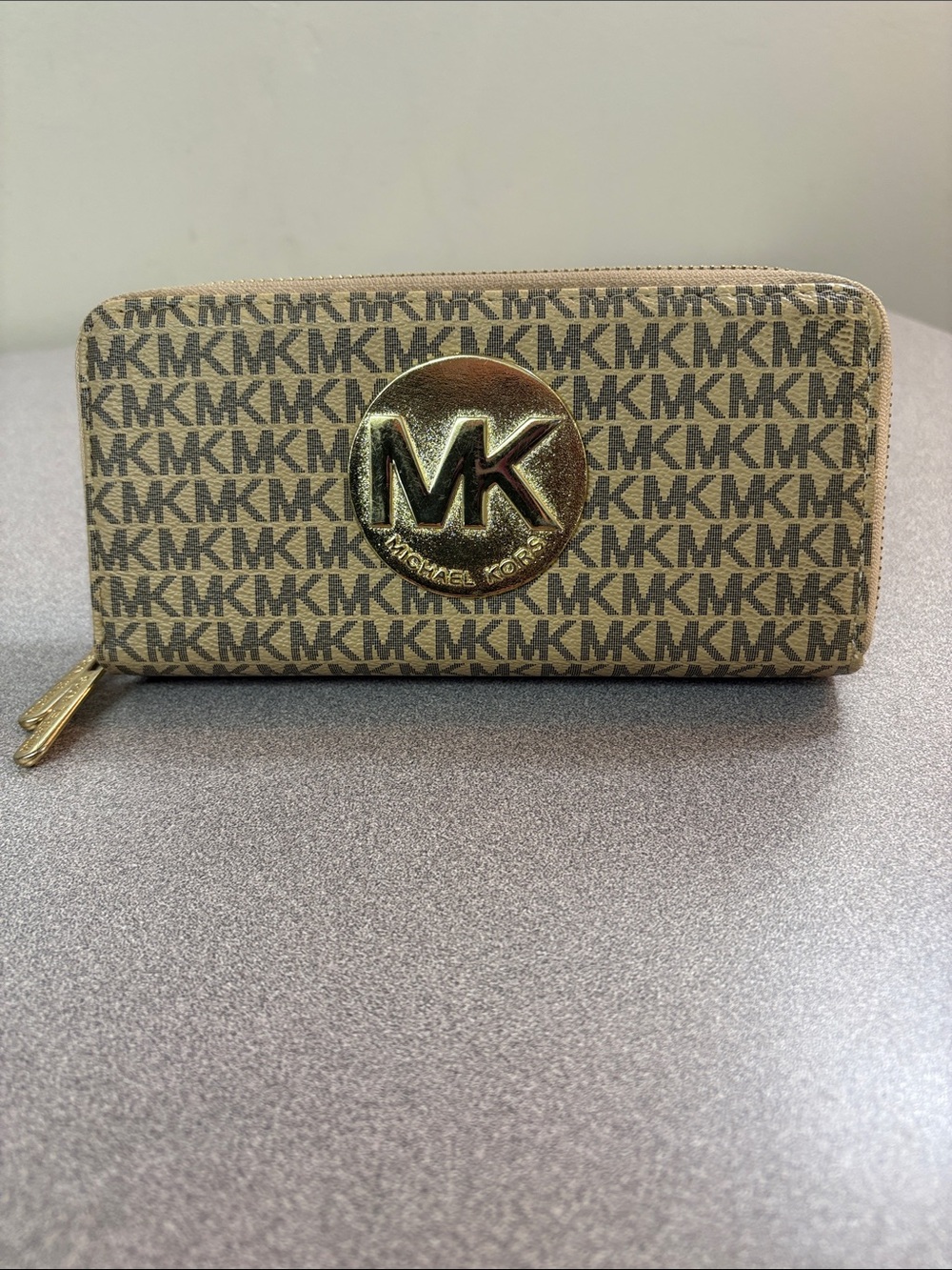 Michael Kors Brown Tan Logo Zip Wallet with Gold MK Emblem